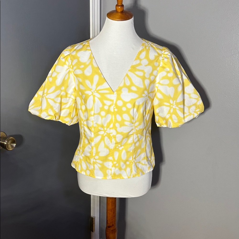 Banana Republic Women's Yellow Floral V-Neck Puff Sleeve Top Size 6